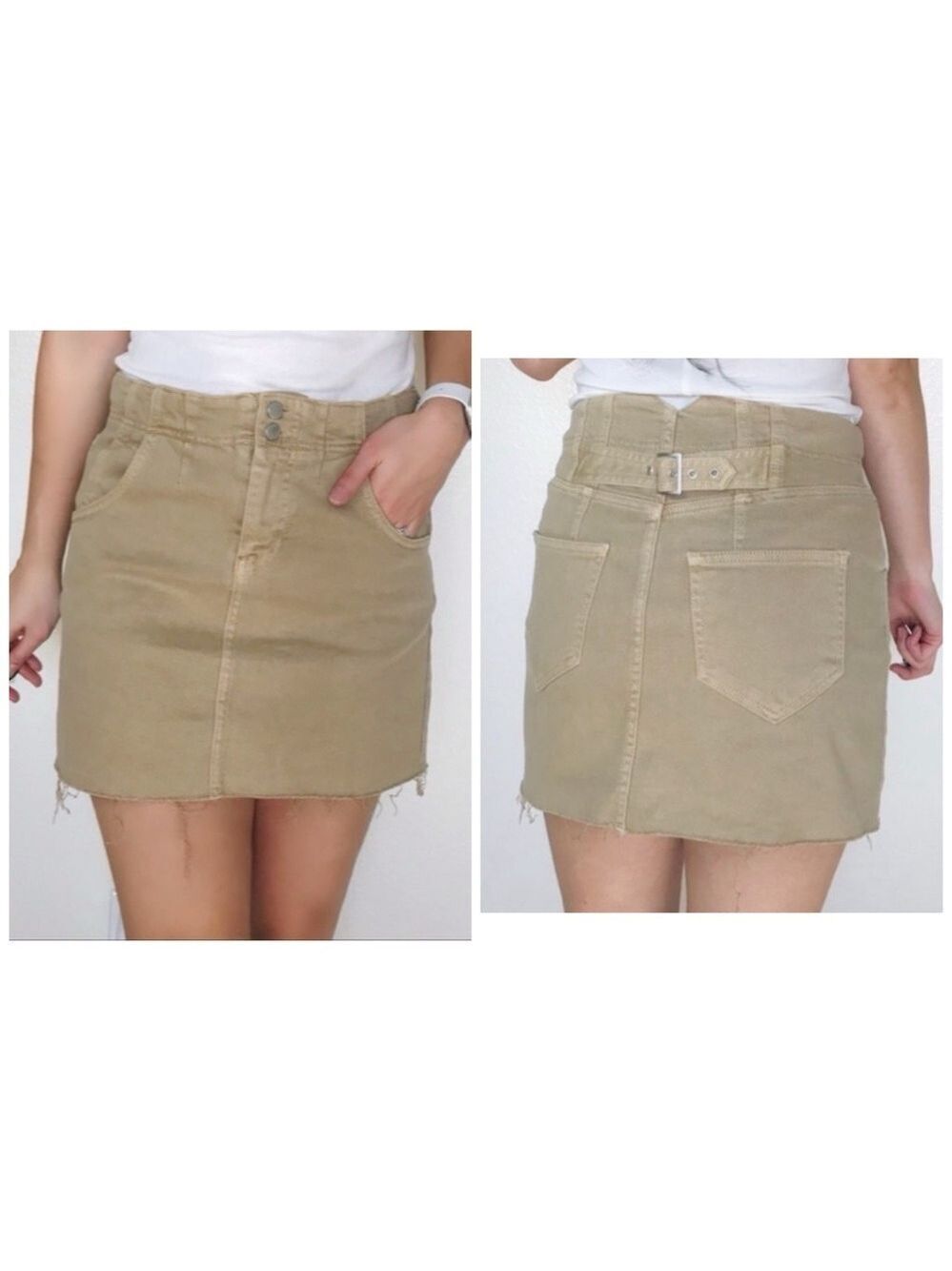 Free People Denim Mini Skirt Size 6 Khaki Tan High Waisted Belted Back Raw Hem